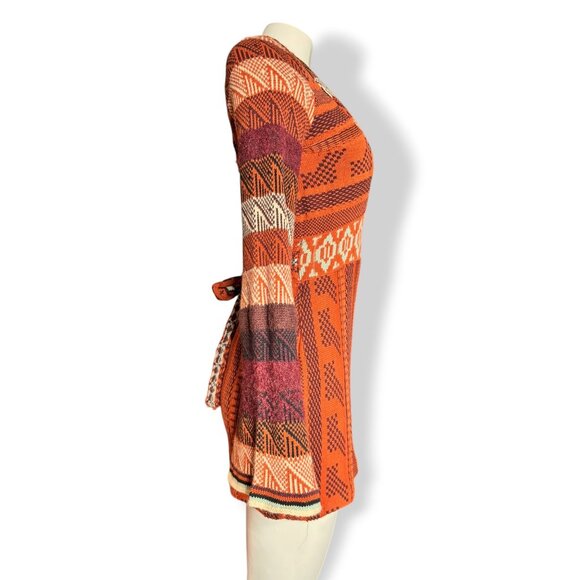 Free People Orange Knit Boho Sweater Dress XS Bell Sleeves Tie Back V Neck - Picture 10 of 15